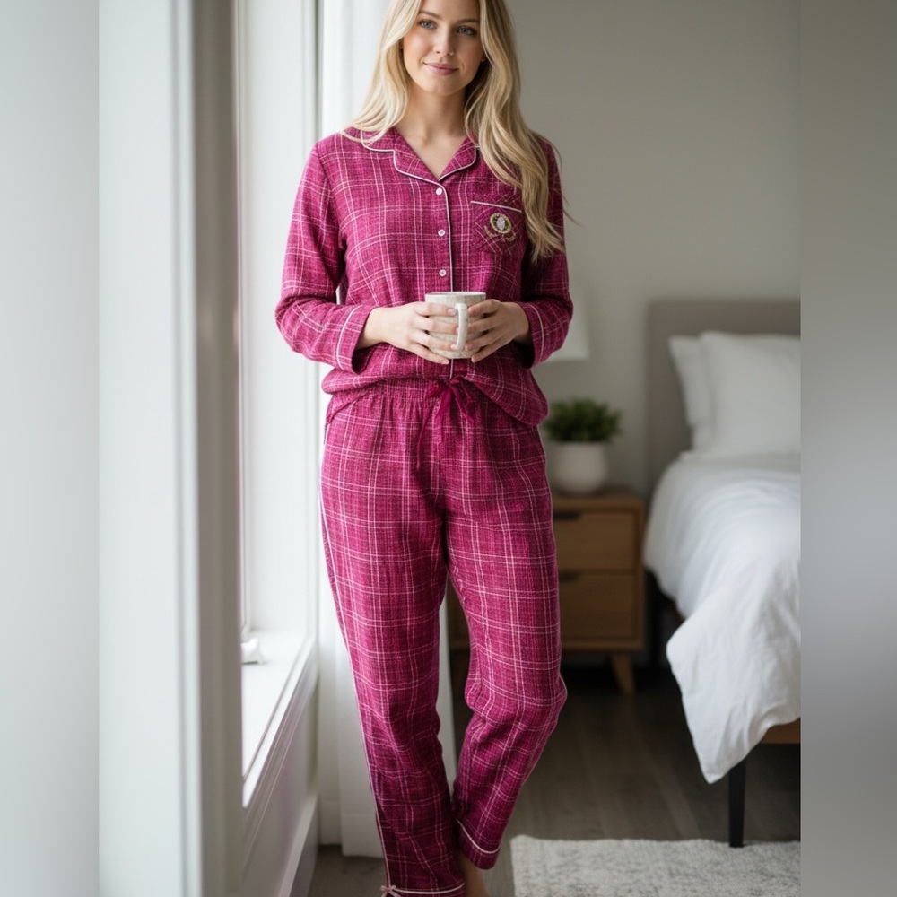 Vintage Disney Winnie the Pooh Flannel Pajama Set Hot Pink Plaid Size M-L Check